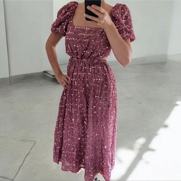 Elliatt Aubree Puff Sleeve Sequin Metallic Midi Dress Size XS - Picture 11 of 14